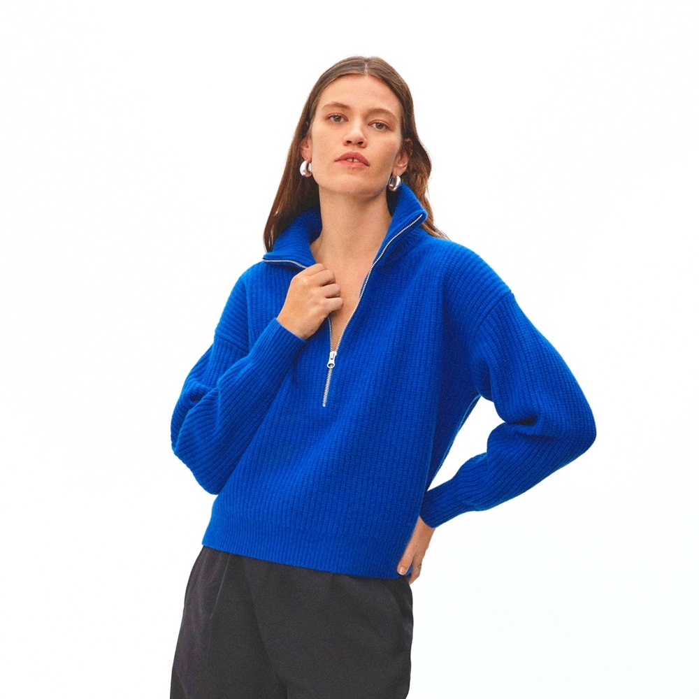 EVERLANE Felted Merino Wool Half-zip Sweater. Color: Royal blue. Size: Medium